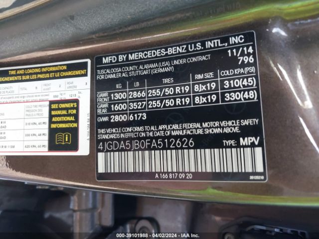 Photo 8 VIN: 4JGDA5JB0FA512626 - MERCEDES-BENZ ML 350 