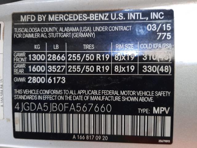 Photo 9 VIN: 4JGDA5JB0FA567660 - MERCEDES-BENZ ML 350 