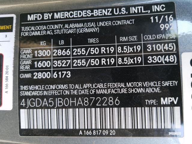 Photo 9 VIN: 4JGDA5JB0HA872286 - MERCEDES-BENZ GLE 350 