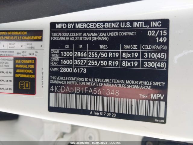 Photo 8 VIN: 4JGDA5JB1FA561348 - MERCEDES-BENZ ML 350 