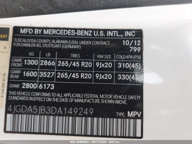 Photo 8 VIN: 4JGDA5JB3DA149249 - MERCEDES-BENZ ML 350 