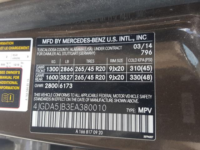 Photo 9 VIN: 4JGDA5JB3EA380010 - MERCEDES-BENZ ML 350 