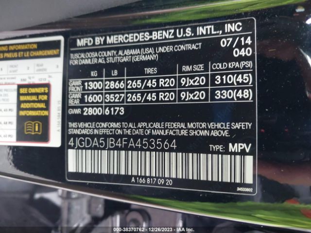 Photo 8 VIN: 4JGDA5JB4FA453564 - MERCEDES-BENZ ML 350 