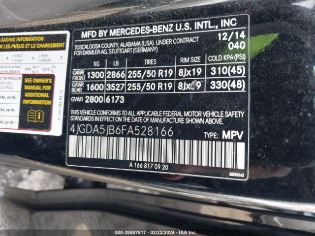 Photo 8 VIN: 4JGDA5JB6FA528166 - MERCEDES-BENZ ML 350 