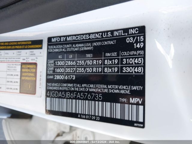 Photo 8 VIN: 4JGDA5JB6FA576735 - MERCEDES-BENZ ML 350 