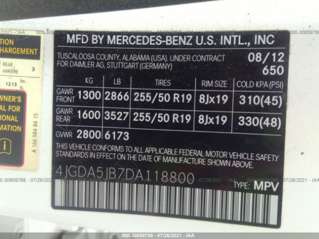 Photo 8 VIN: 4JGDA5JB7DA118800 - MERCEDES-BENZ M-CLASS 