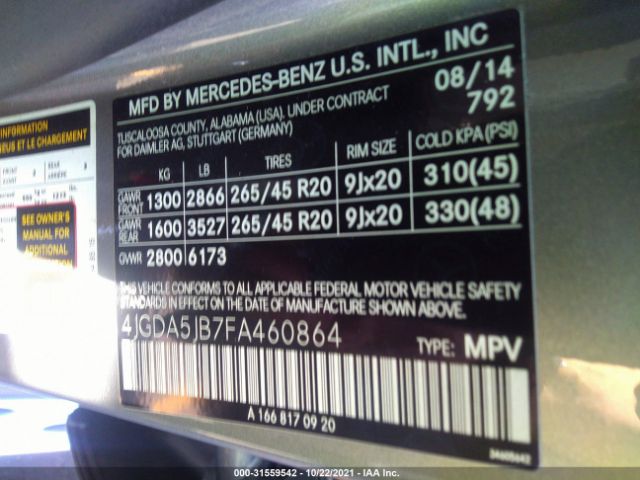 Photo 8 VIN: 4JGDA5JB7FA460864 - MERCEDES-BENZ M-CLASS 