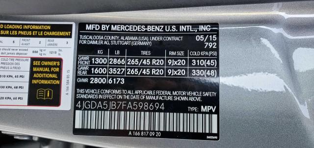 Photo 9 VIN: 4JGDA5JB7FA598694 - MERCEDES-BENZ ML 350 