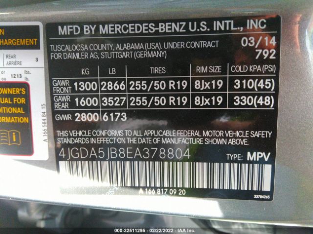 Photo 8 VIN: 4JGDA5JB8EA378804 - MERCEDES-BENZ M-CLASS 