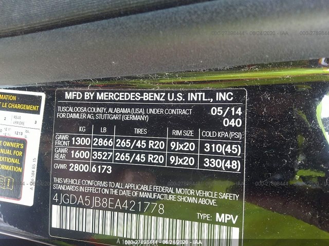 Photo 8 VIN: 4JGDA5JB8EA421778 - MERCEDES-BENZ M-CLASS 