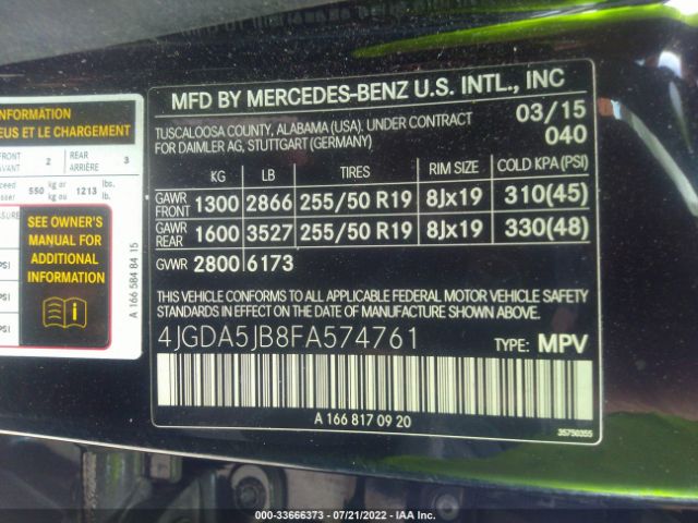 Photo 8 VIN: 4JGDA5JB8FA574761 - MERCEDES-BENZ M-CLASS 