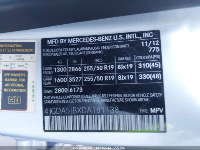 Photo 8 VIN: 4JGDA5JBXDA161138 - MERCEDES-BENZ ML 350 