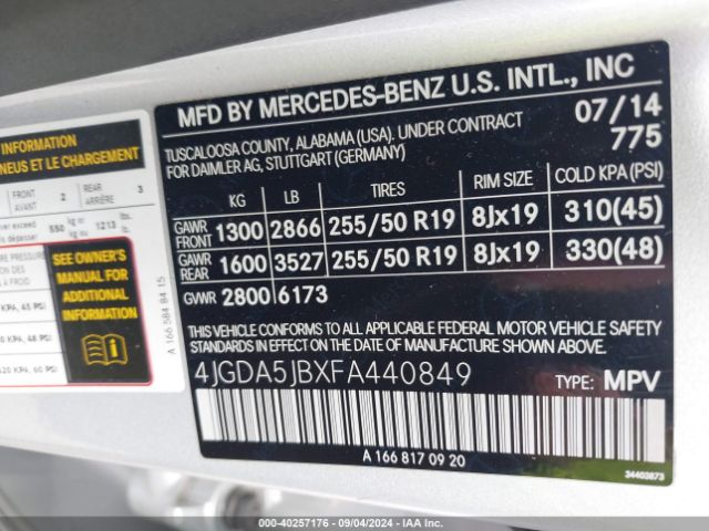 Photo 8 VIN: 4JGDA5JBXFA440849 - MERCEDES-BENZ ML-CLASS 