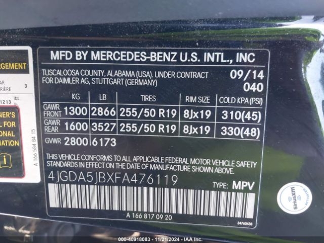 Photo 8 VIN: 4JGDA5JBXFA476119 - MERCEDES-BENZ ML-CLASS 