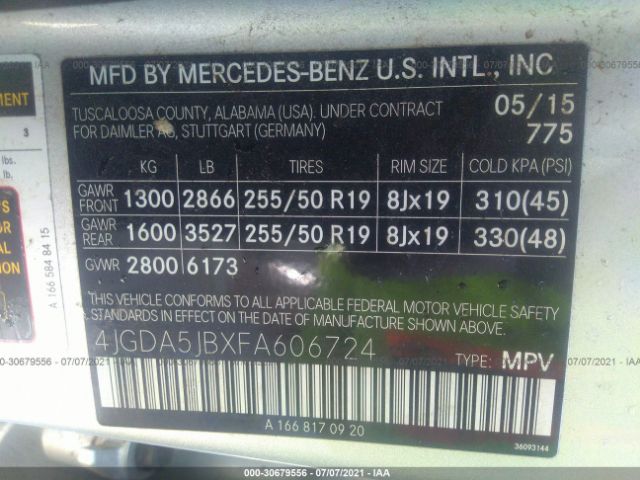 Photo 8 VIN: 4JGDA5JBXFA606724 - MERCEDES-BENZ M-CLASS 