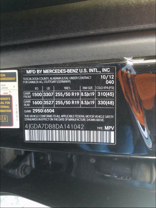 Photo 9 VIN: 4JGDA7DB8DA141042 - MERCEDES-BENZ ML 550 4MA 