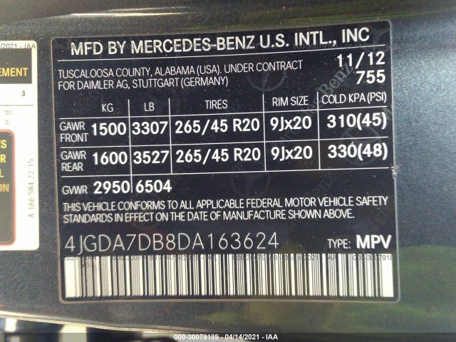 Photo 8 VIN: 4JGDA7DB8DA163624 - MERCEDES-BENZ M-CLASS 