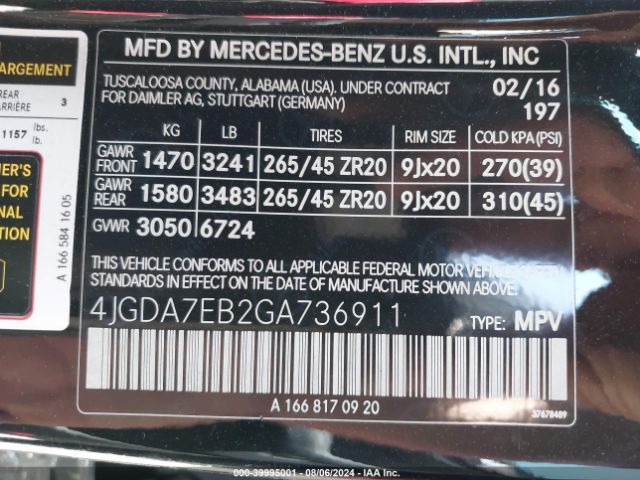 Photo 8 VIN: 4JGDA7EB2GA736911 - MERCEDES-BENZ GLE-CLASS 