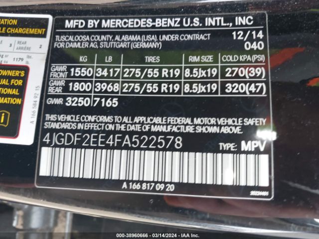 Photo 8 VIN: 4JGDF2EE4FA522578 - MERCEDES-BENZ GL 350 BLUETEC 