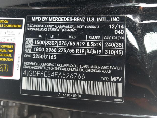 Photo 9 VIN: 4JGDF6EE4FA526766 - MERCEDES-BENZ GL 450 4MA 