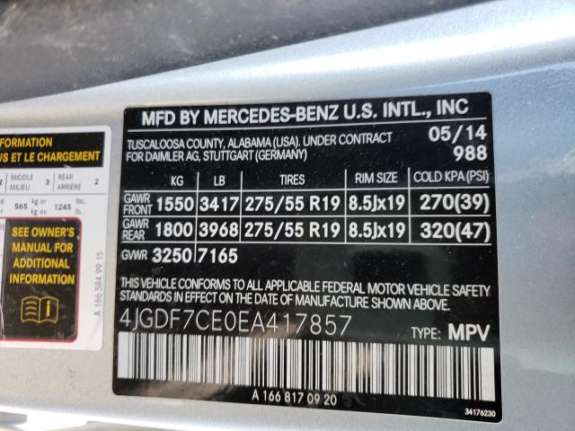 Photo 9 VIN: 4JGDF7CE0EA417857 - MERCEDES-BENZ GL 450 