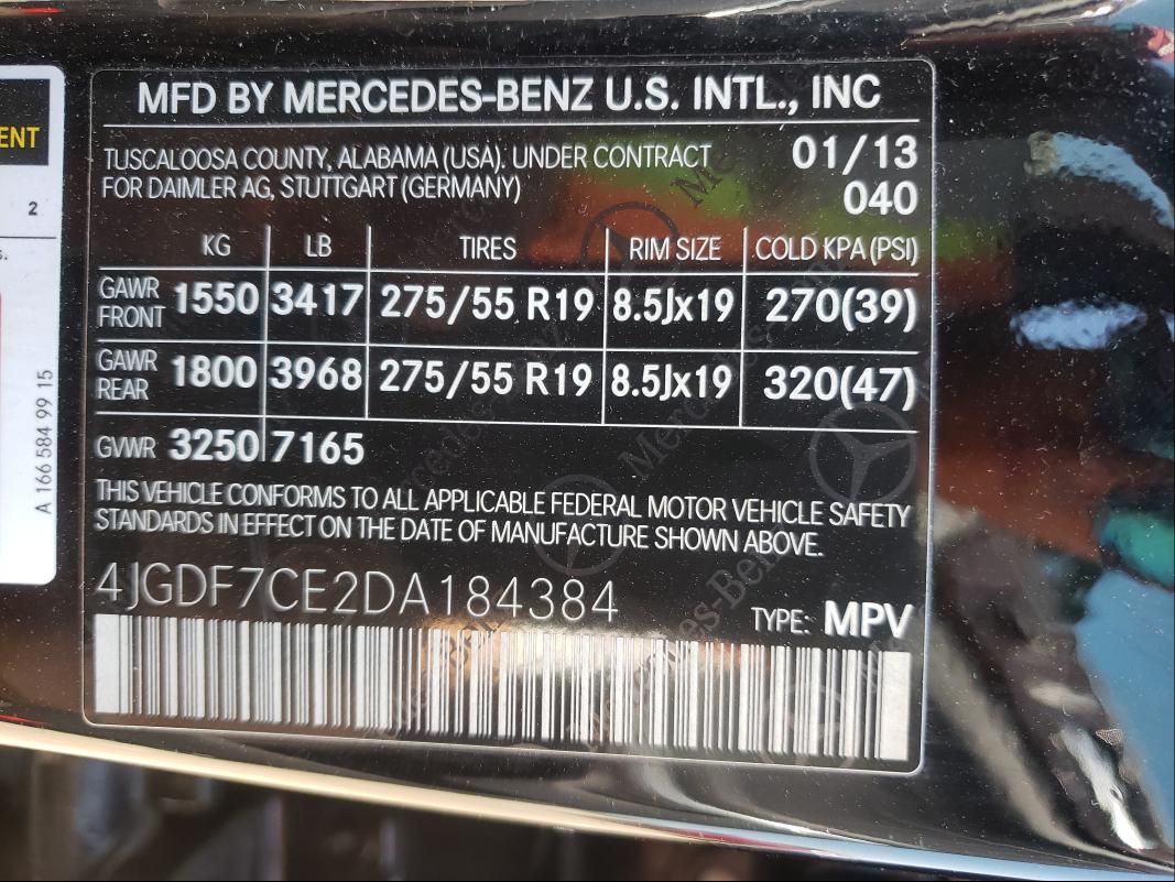 Photo 9 VIN: 4JGDF7CE2DA184384 - MERCEDES-BENZ GL 450 4MA 