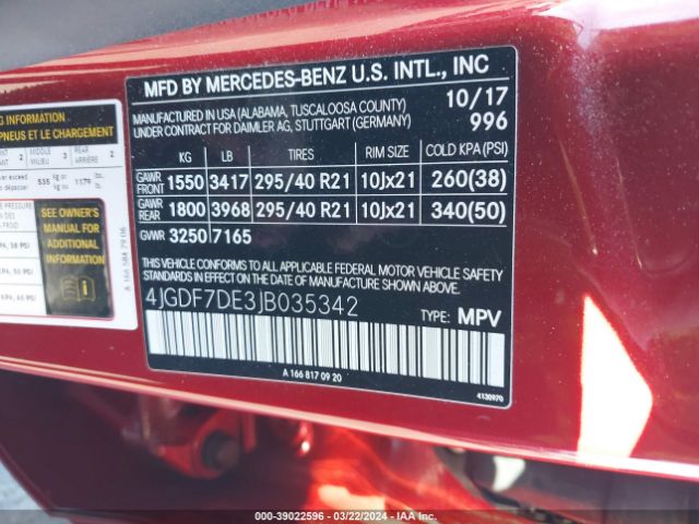 Photo 8 VIN: 4JGDF7DE3JB035342 - MERCEDES-BENZ GLS 550 