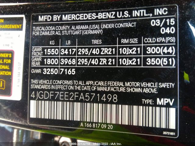 Photo 8 VIN: 4JGDF7EE2FA571498 - MERCEDES-BENZ GL-CLASS 