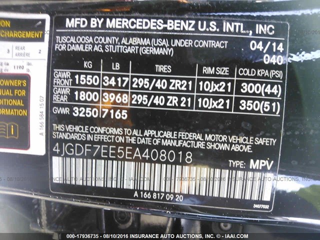 Photo 8 VIN: 4JGDF7EE5EA408018 - MERCEDES-BENZ GL-CLASS 