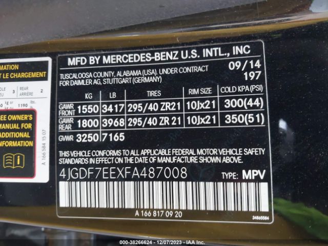 Photo 8 VIN: 4JGDF7EEXFA487008 - MERCEDES-BENZ GL 63 AMG 