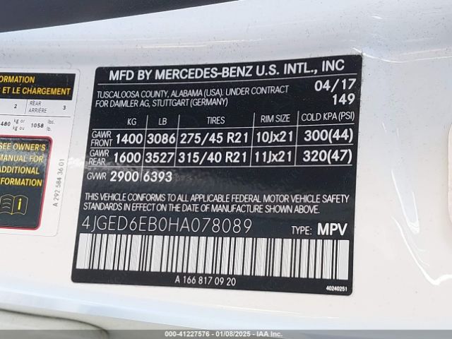 Photo 8 VIN: 4JGED6EB0HA078089 - MERCEDES-BENZ GLE-CLASS 