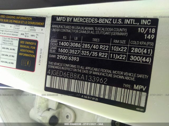 Photo 8 VIN: 4JGED6EB8KA133962 - MERCEDES-BENZ GLE 