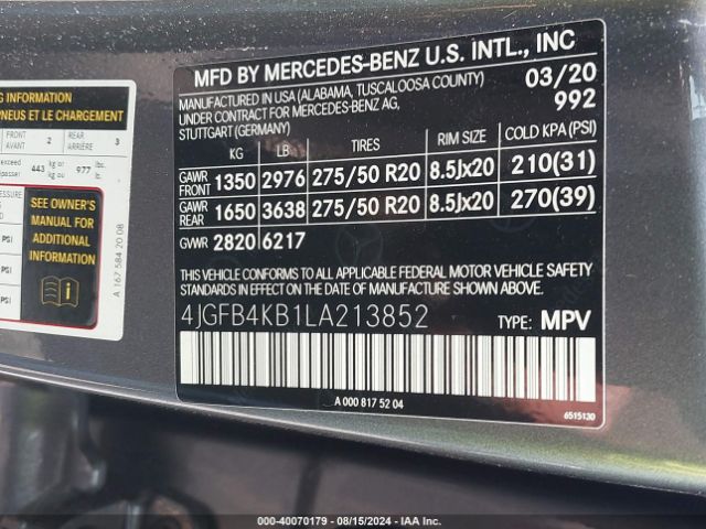 Photo 8 VIN: 4JGFB4KB1LA213852 - MERCEDES-BENZ GLE-CLASS 