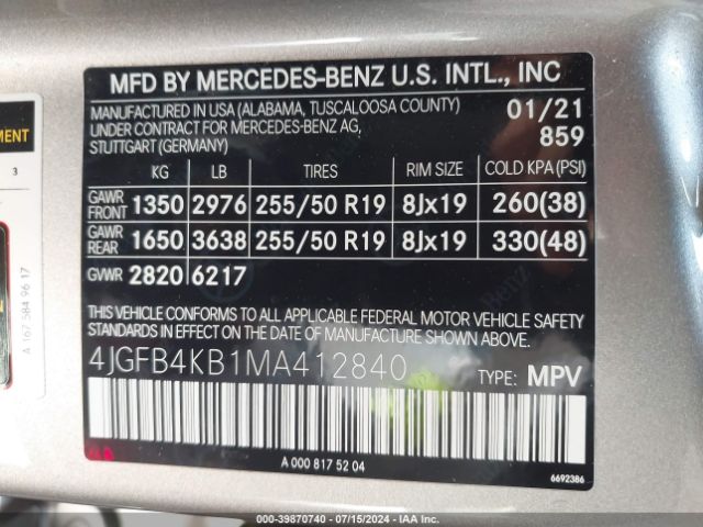 Photo 8 VIN: 4JGFB4KB1MA412840 - MERCEDES-BENZ GLE-CLASS 