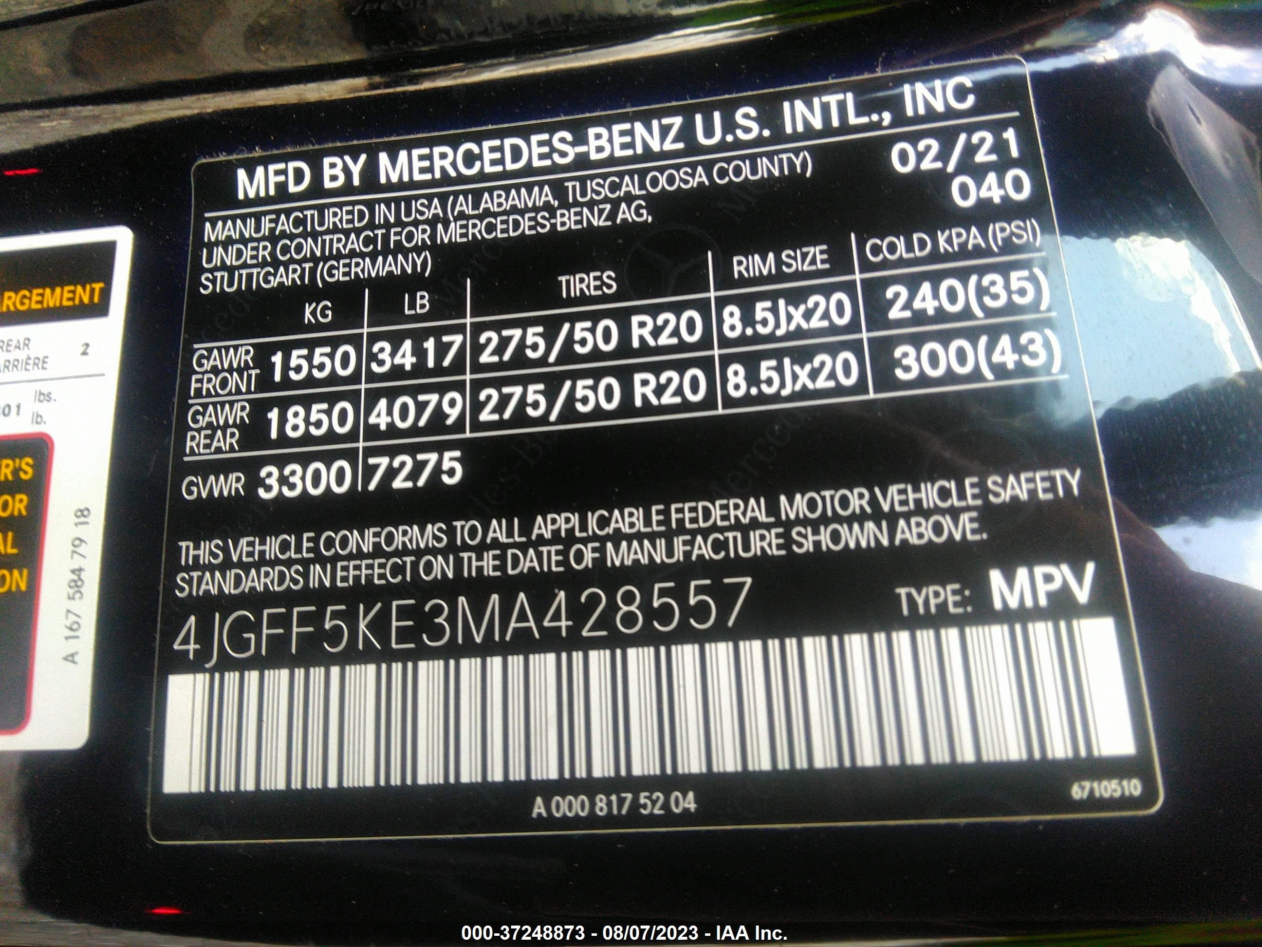 Photo 8 VIN: 4JGFF5KE3MA428557 - MERCEDES-BENZ GLS 