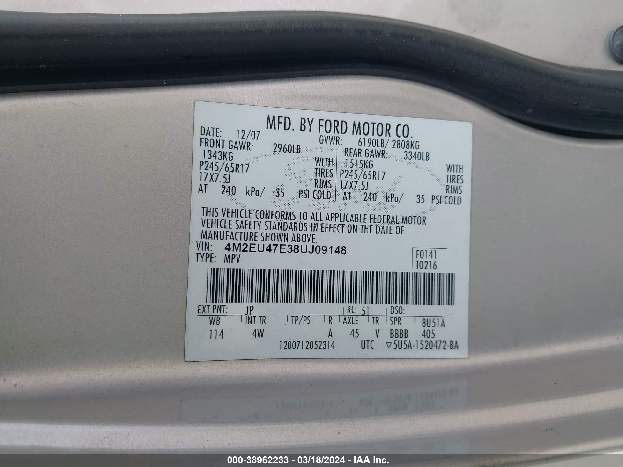 Photo 8 VIN: 4M2EU47E38UJ09148 - MERCURY MOUNTAINEER 