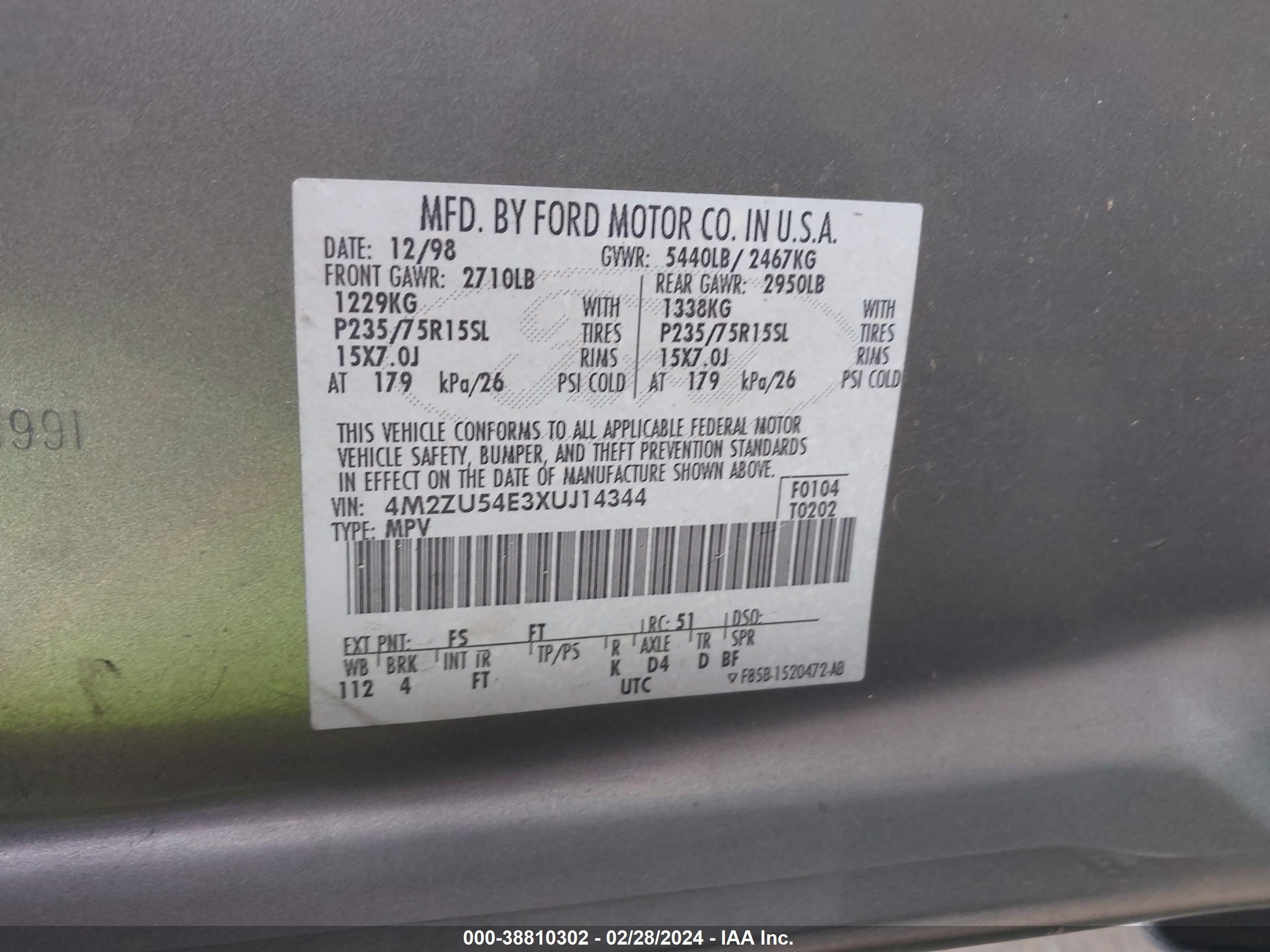 Photo 8 VIN: 4M2ZU54E3XUJ14344 - MERCURY MOUNTAINEER 