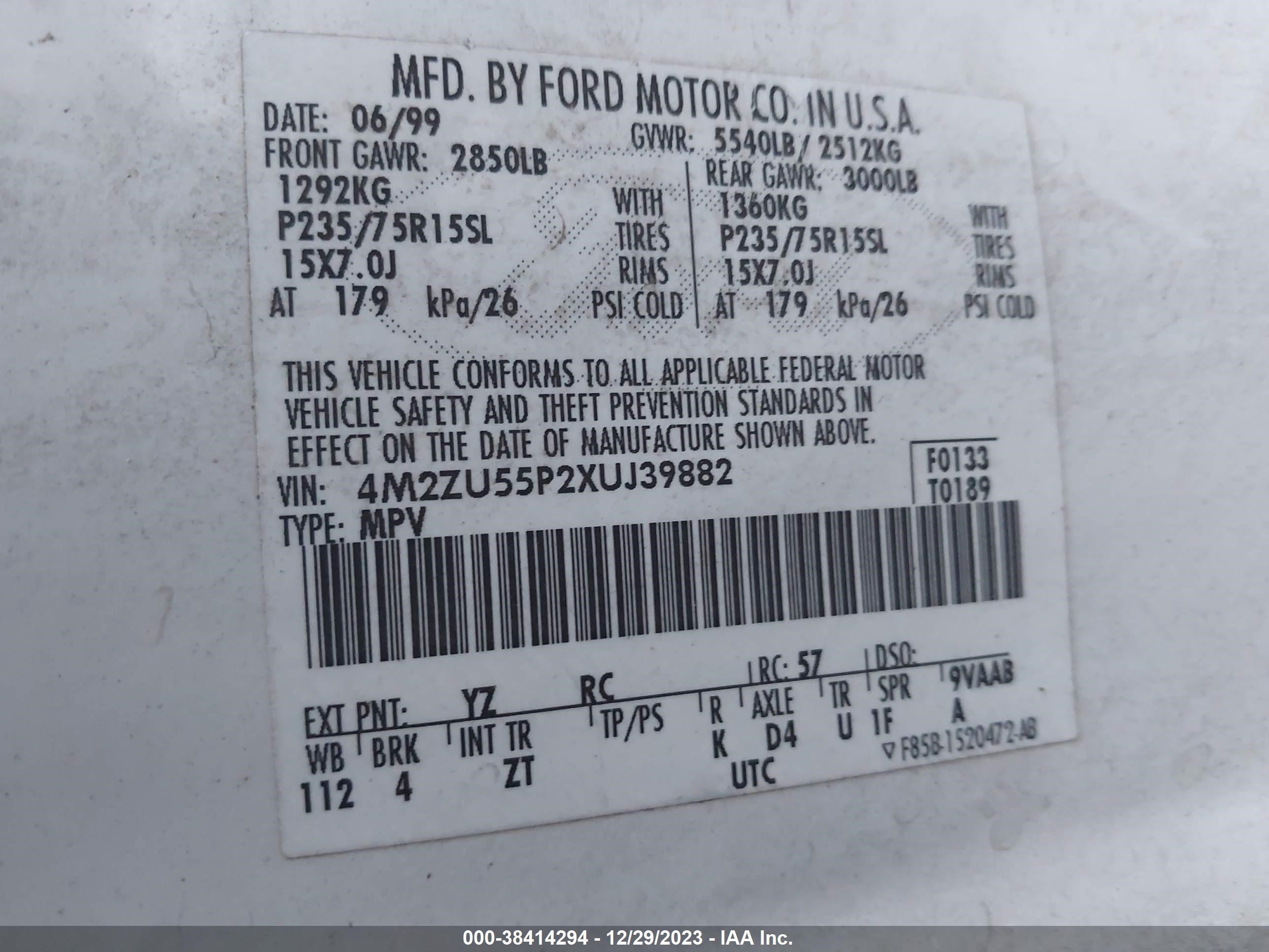 Photo 8 VIN: 4M2ZU55P2XUJ39882 - MERCURY MOUNTAINEER 