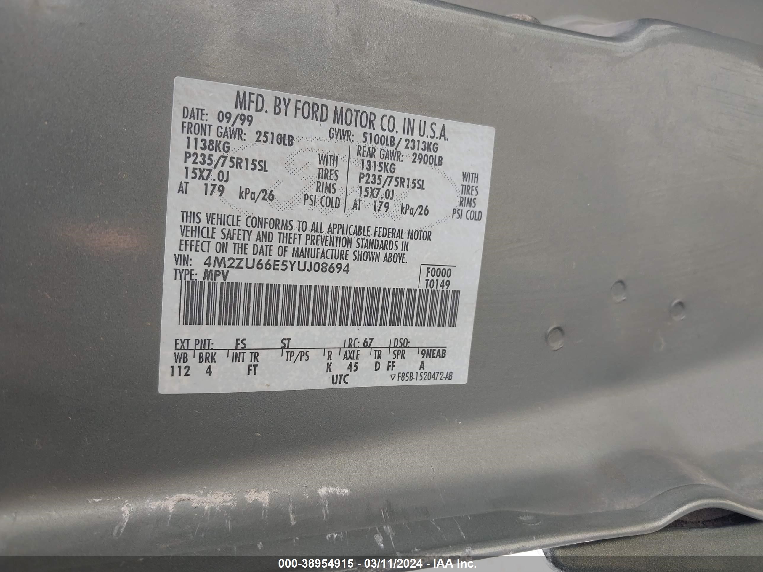 Photo 8 VIN: 4M2ZU66E5YUJ08694 - MERCURY MOUNTAINEER 