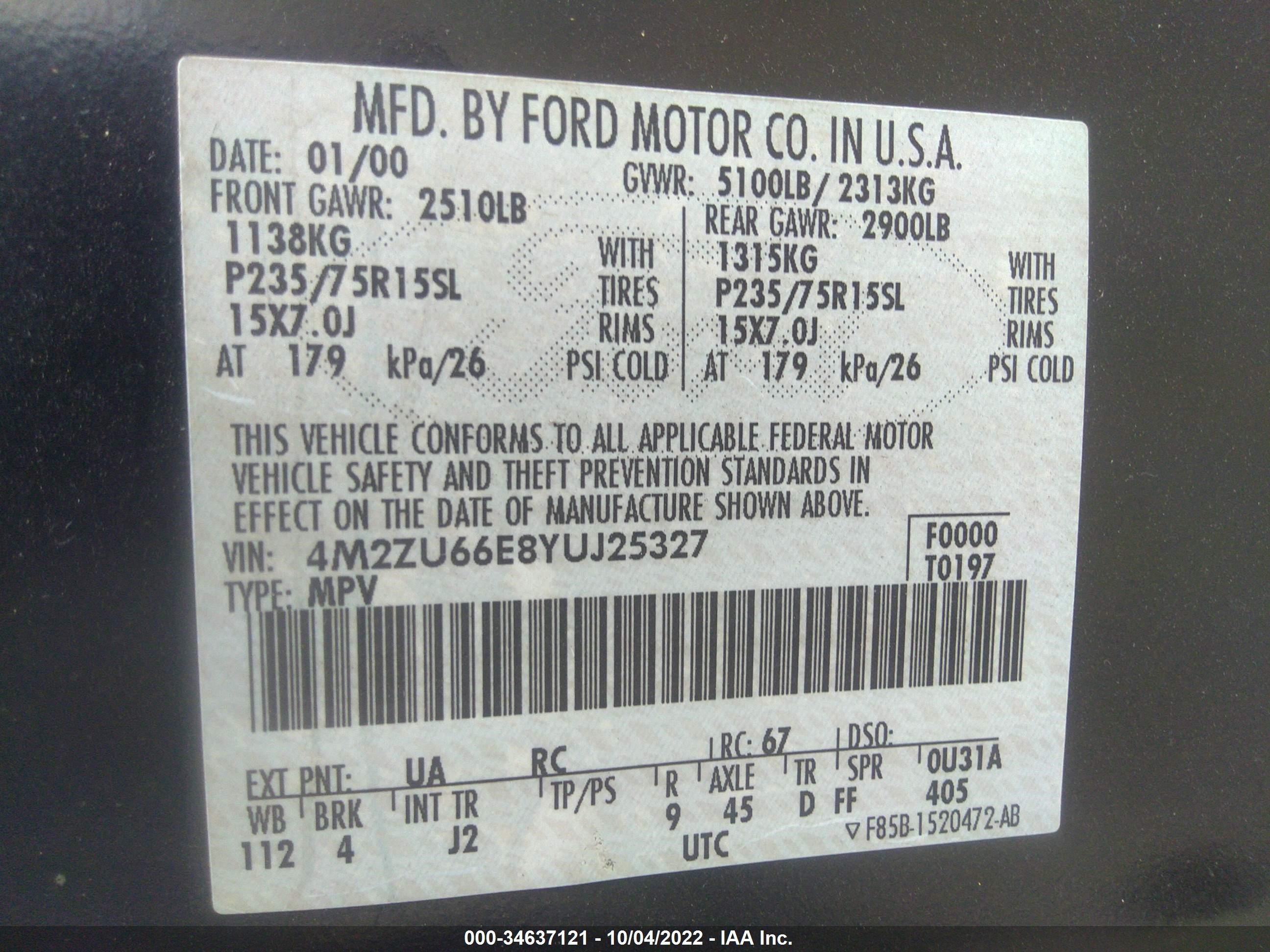 Photo 8 VIN: 4M2ZU66E8YUJ25327 - MERCURY MOUNTAINEER 