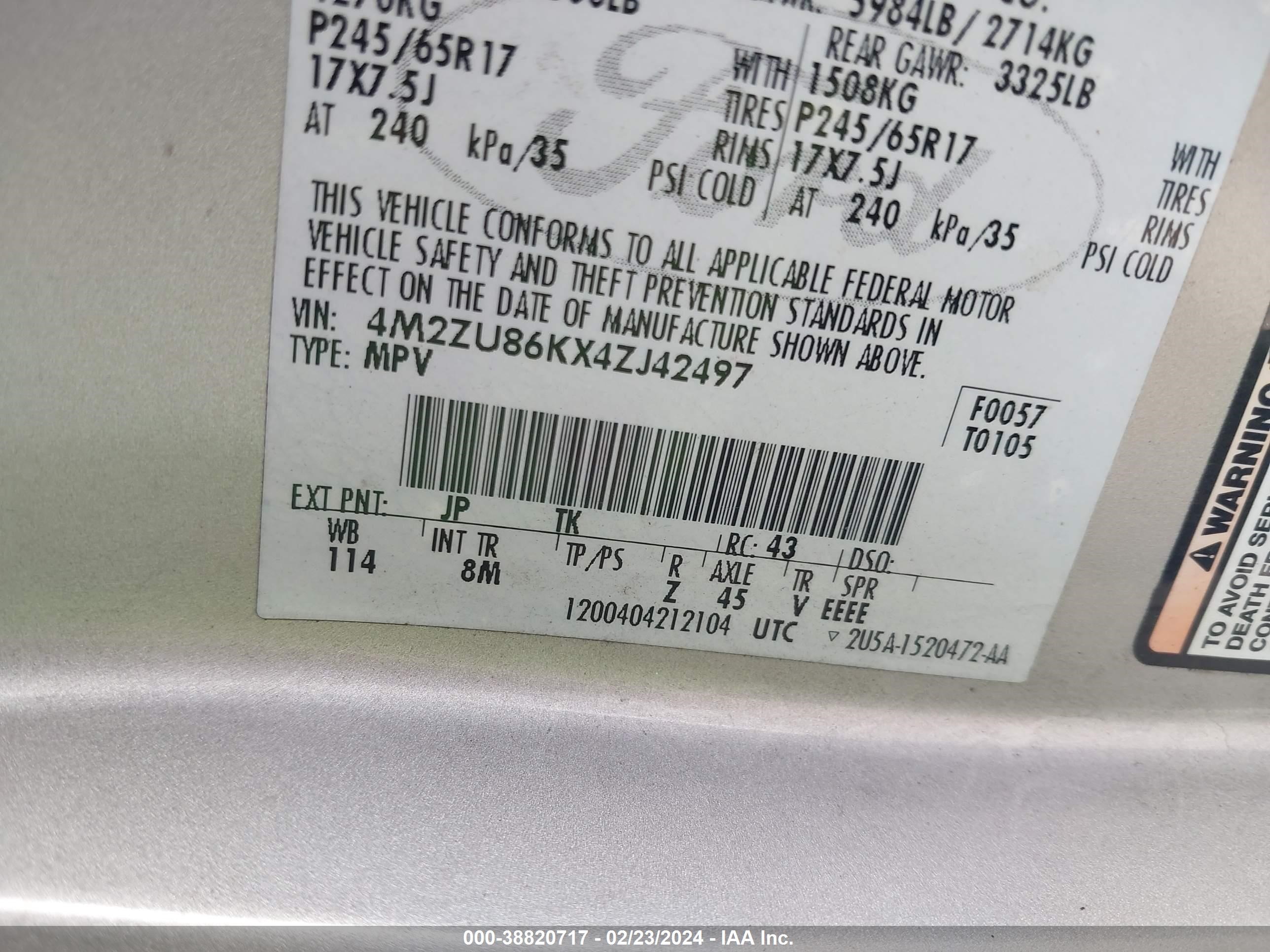 Photo 8 VIN: 4M2ZU86KX4ZJ42497 - MERCURY MOUNTAINEER 