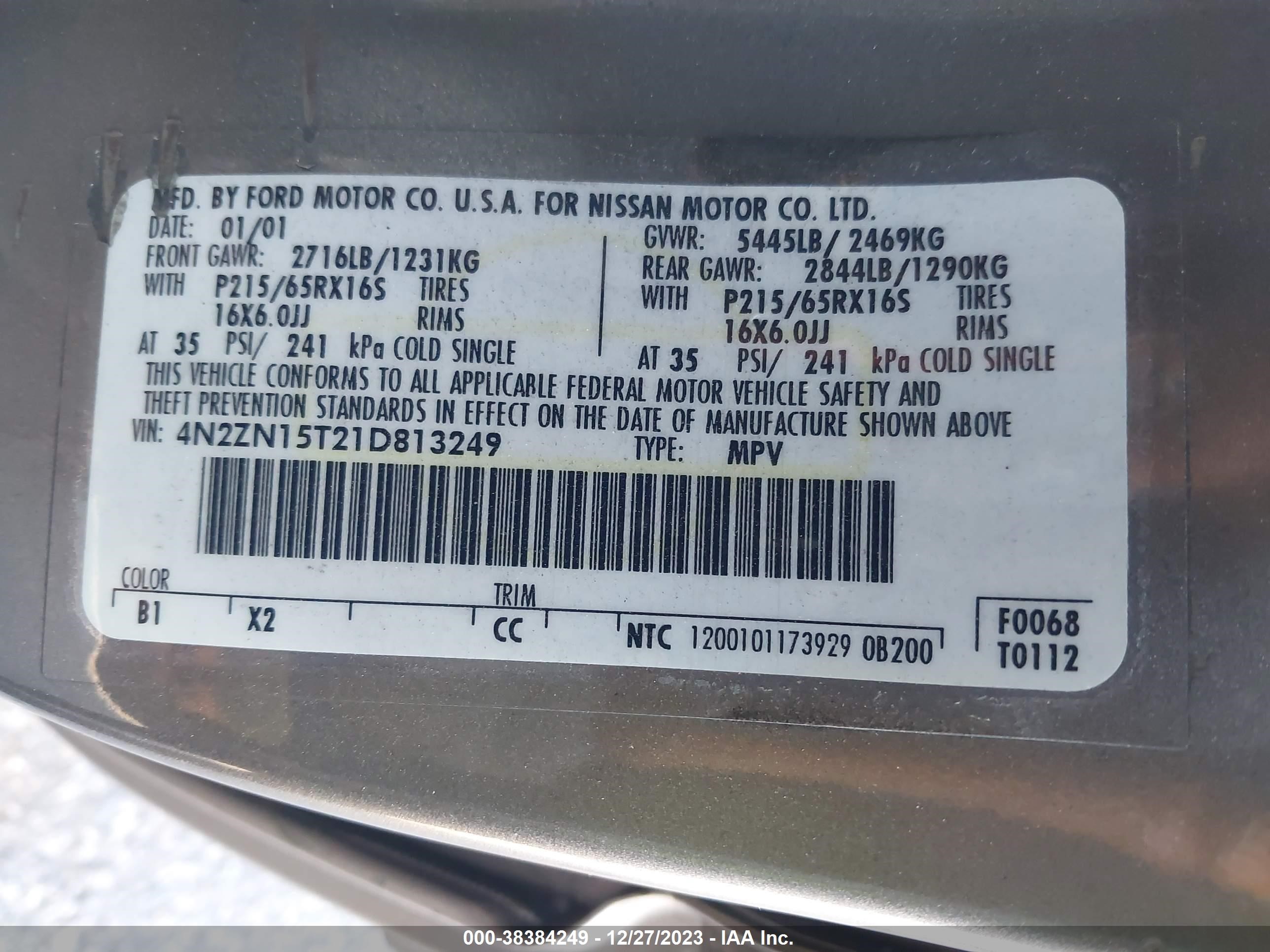 Photo 8 VIN: 4N2ZN15T21D813249 - NISSAN QUEST 