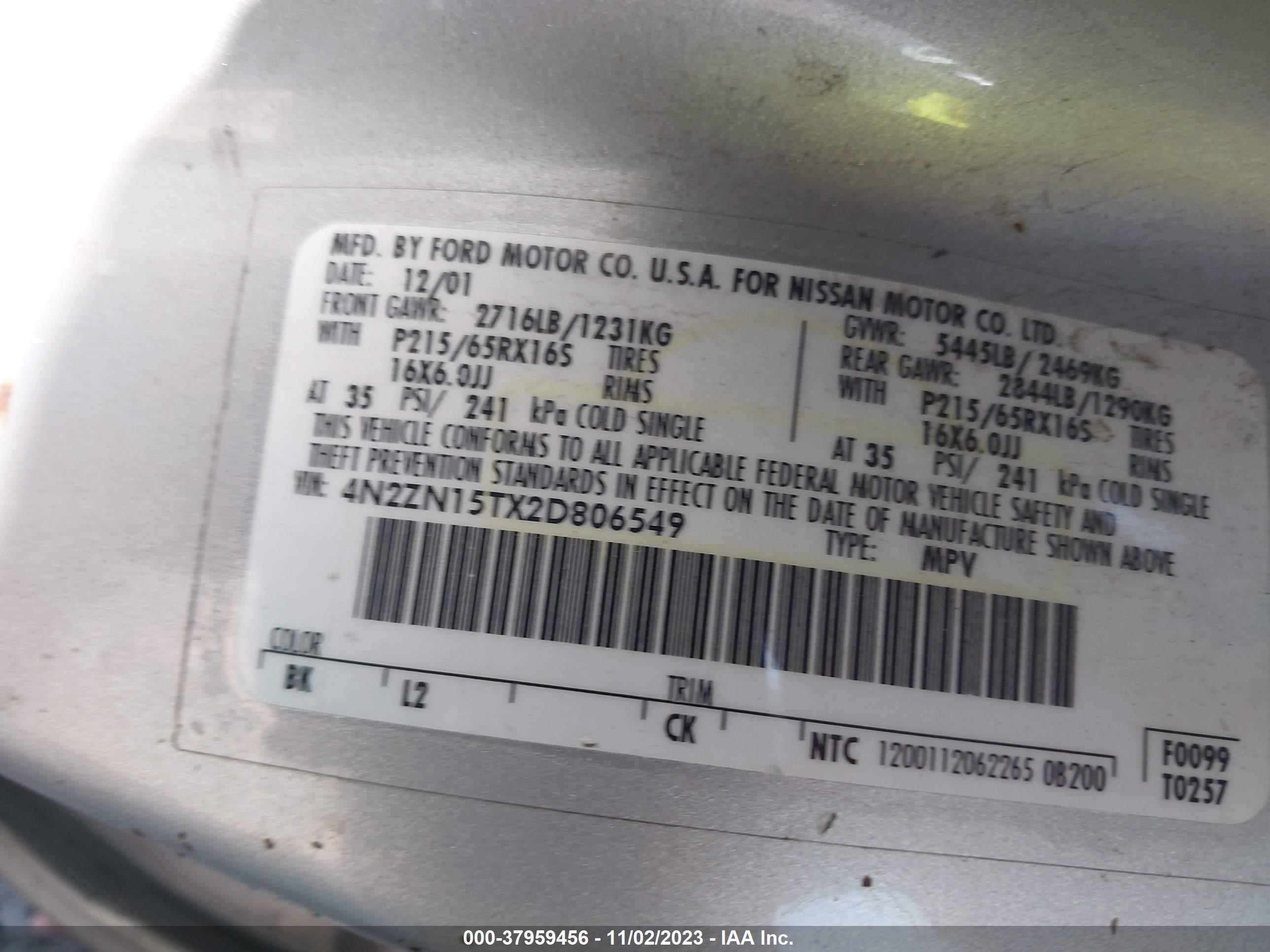 Photo 8 VIN: 4N2ZN15TX2D806549 - NISSAN QUEST 