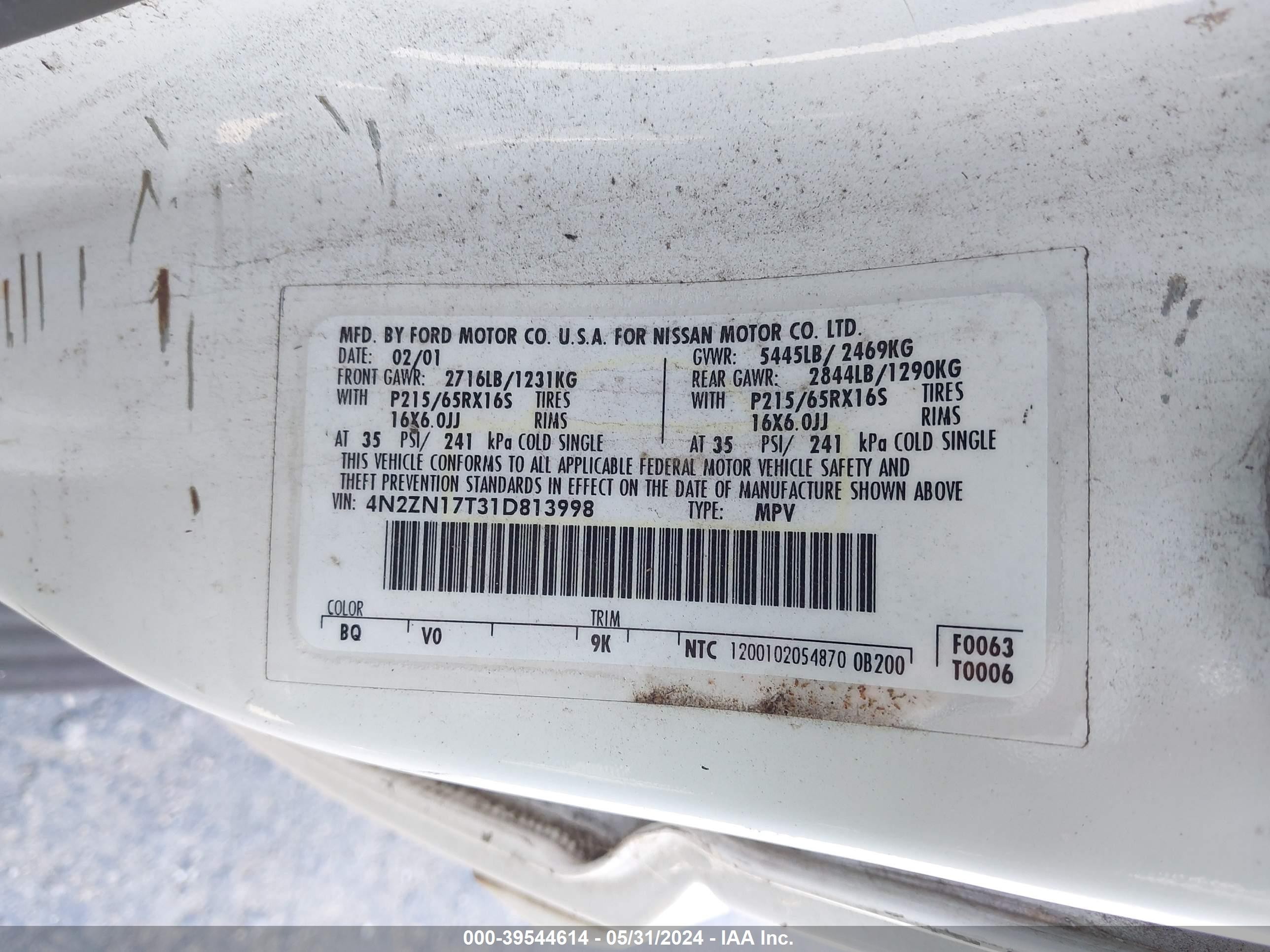 Photo 8 VIN: 4N2ZN17T31D813998 - NISSAN QUEST 