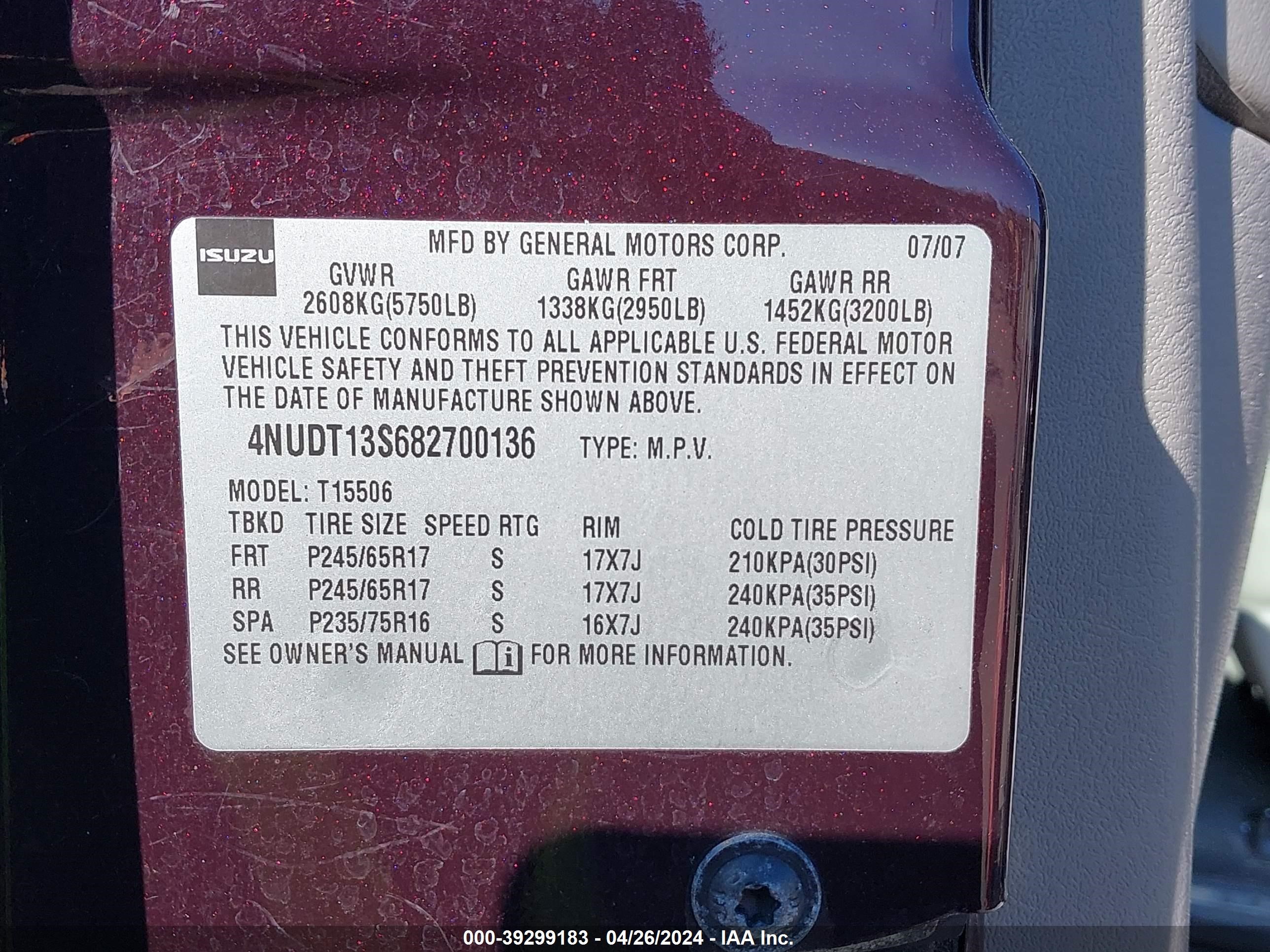 Photo 8 VIN: 4NUDT13S682700136 - ISUZU ASCENDER 