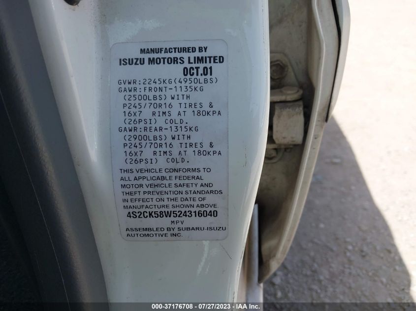 Photo 8 VIN: 4S2CK58W524316040 - ISUZU RODEO 