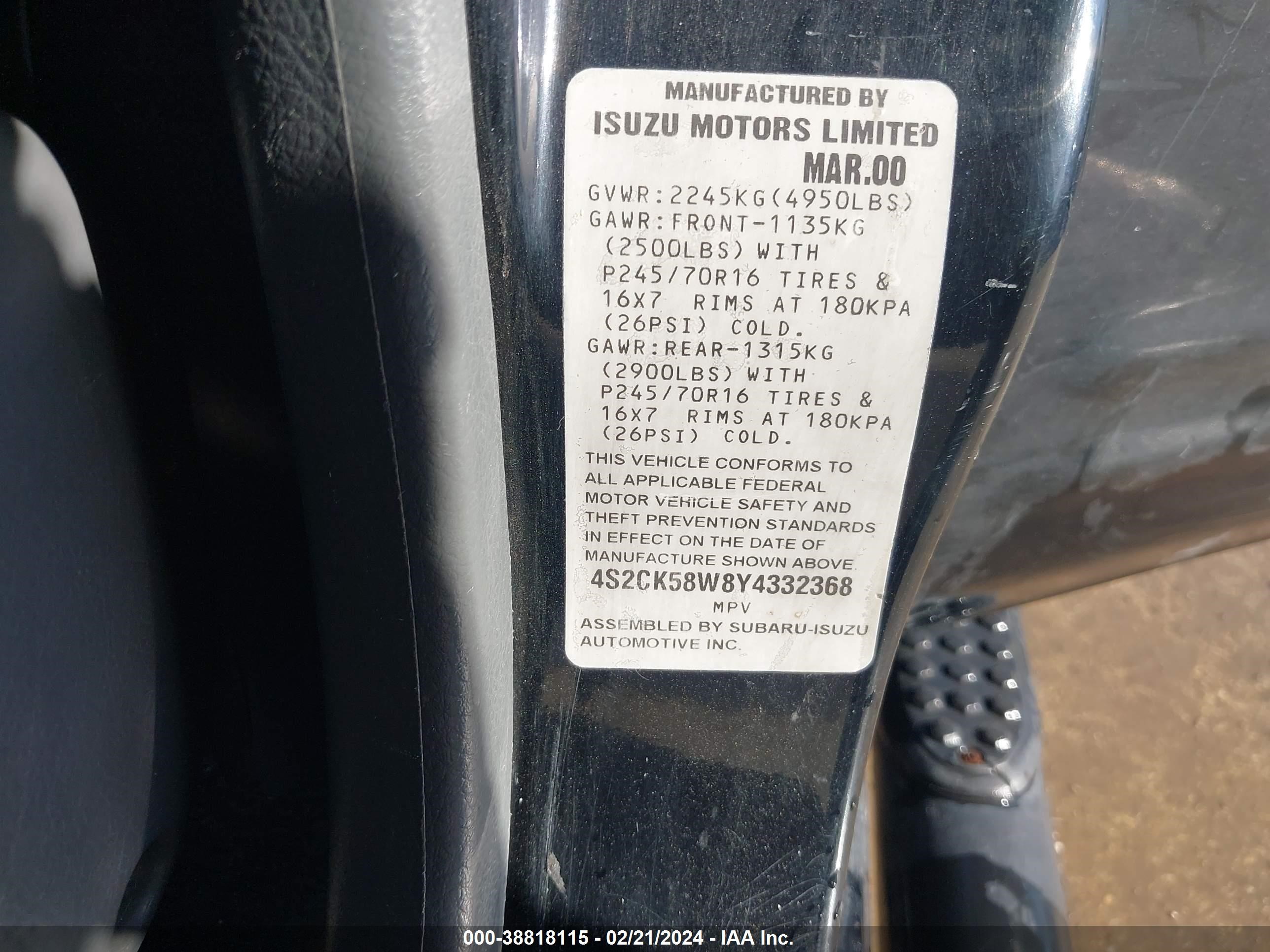 Photo 8 VIN: 4S2CK58W8Y4332368 - ISUZU RODEO 