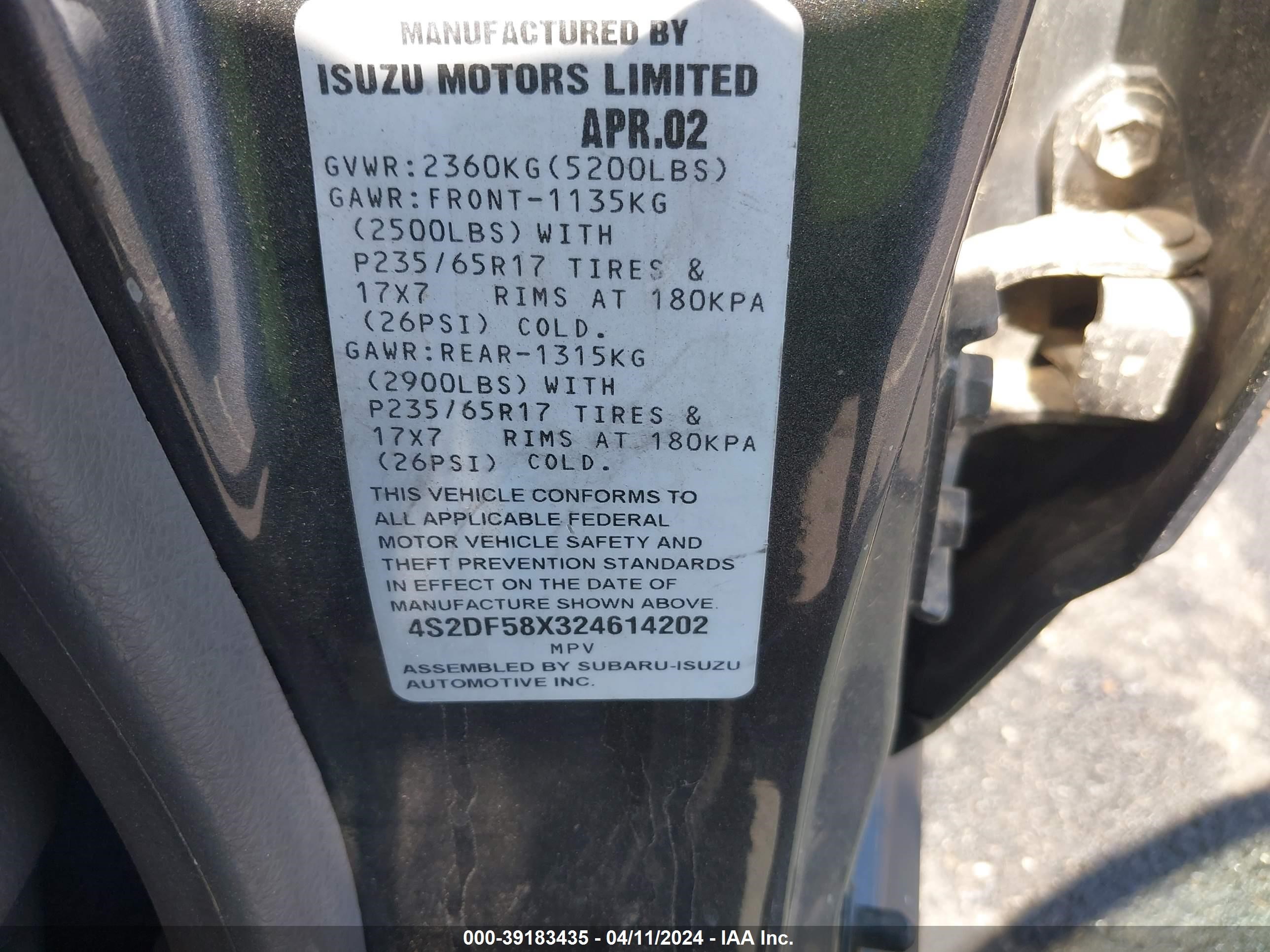 Photo 8 VIN: 4S2DF58X324614202 - ISUZU AXIOM 