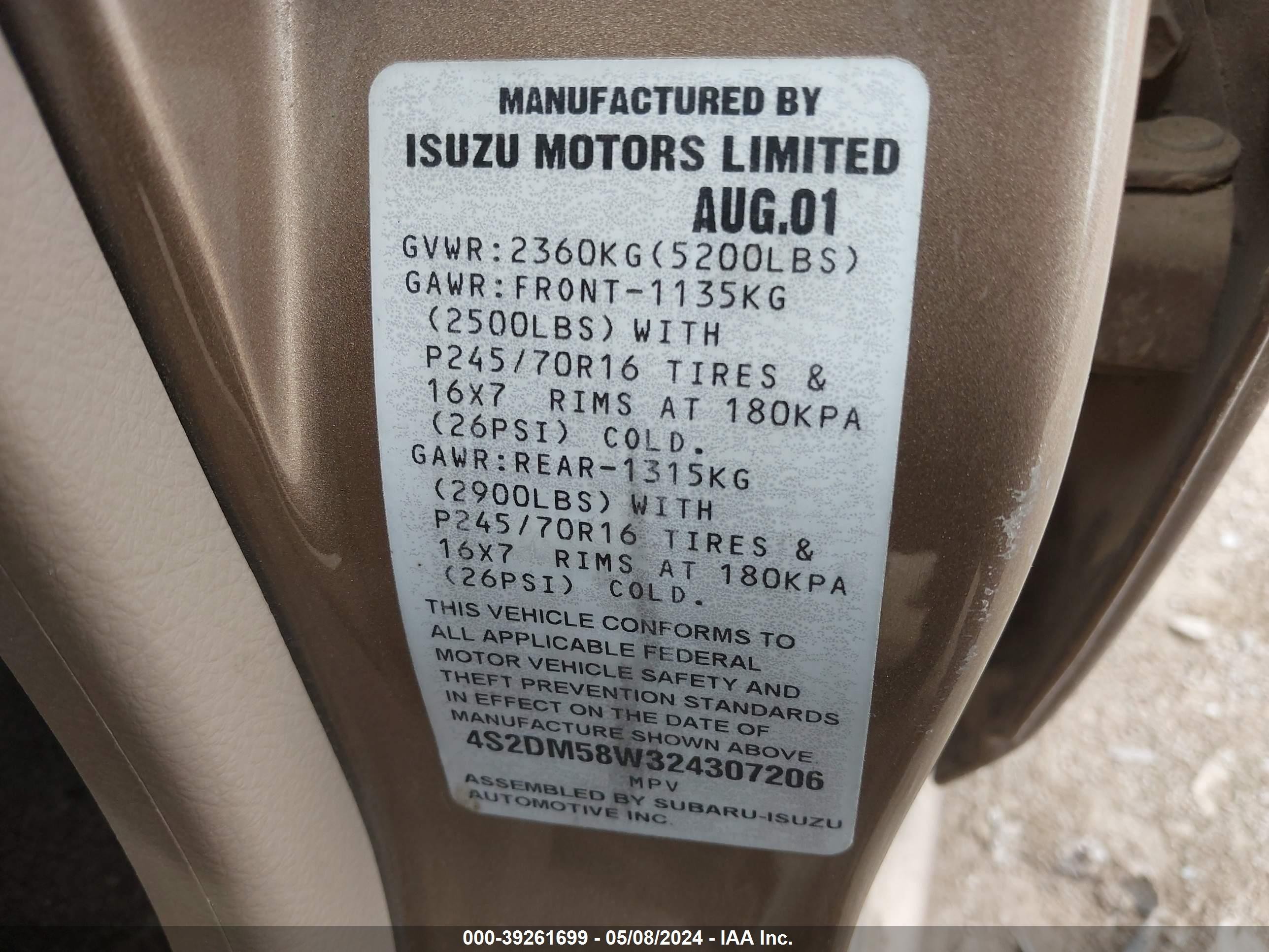 Photo 8 VIN: 4S2DM58W324307206 - ISUZU RODEO 