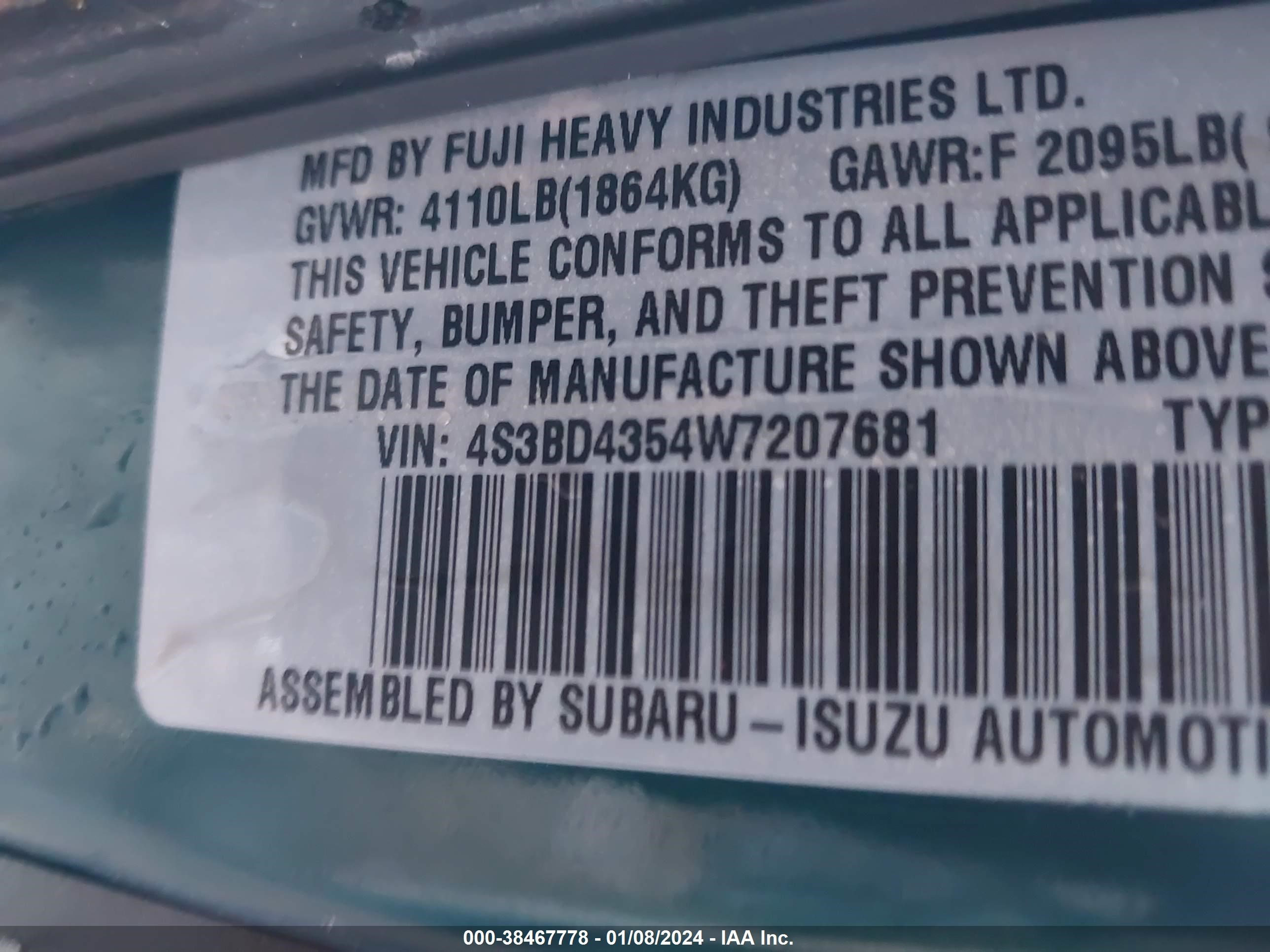 Photo 8 VIN: 4S3BD4354W7207681 - SUBARU LEGACY 